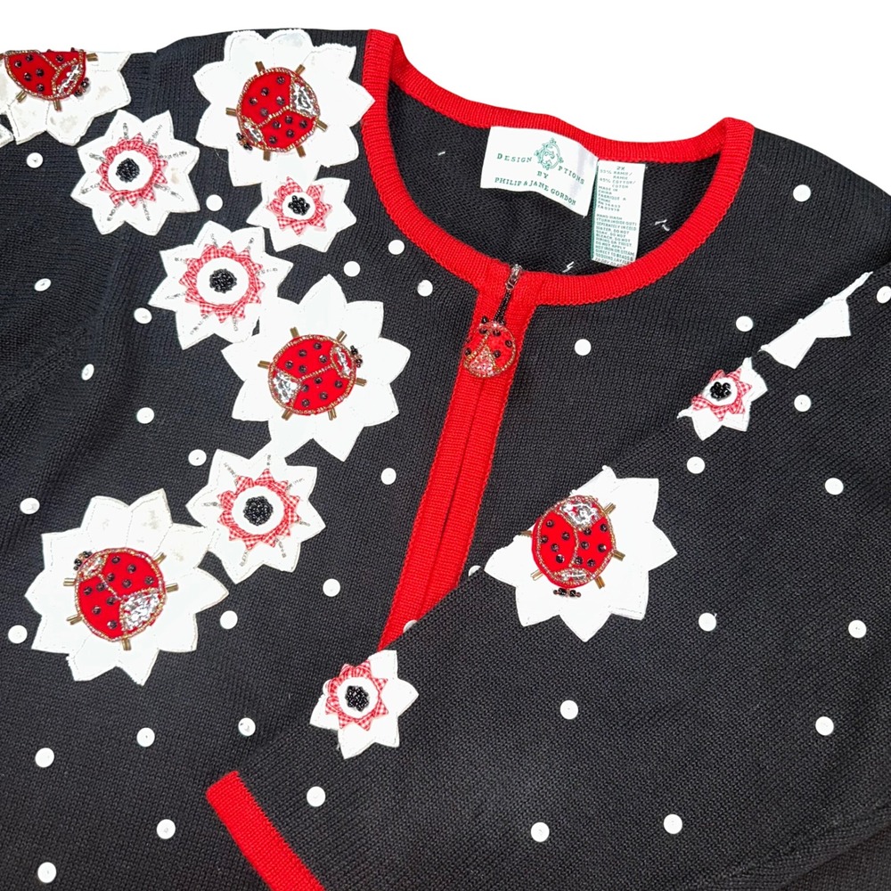 Design Options Black Beaded Ladybug Floral Zip Cardigan Sweater Vintage Women 2X